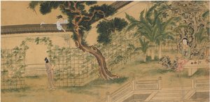 Scen från pjäsen Romance of the West Chamber, av Wang Shifu, 1500-talet.