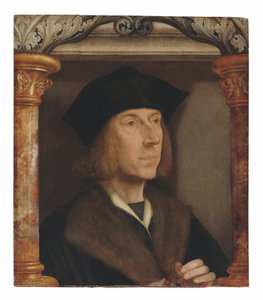 Porträtt av gentleman, bystlängd, i en pälsfodrad kappa, som berättar ett radband, satt i en arkitektonisk ram (olja på panel) av Quentin Massys or Metsys