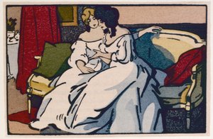 Hertiginnan de Langeais besöker vicomtesse de Beauseant, illustration från "Le Pere Goriot" av Honore de Balzac, publicerad 1922