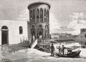 Ett moriskt litet torn som är värd för de italienska officerarnas klubb, Massawa, Eritrea, gravyr från en teckning av Quinto Cenni och en skiss av Pieragostini, från L
