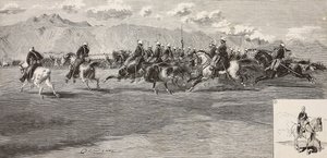 Kavalleriövningar den 17 september, med lanser till höger, Pordenone, Italien, gravyr av Cantagalli från teckning av Quinto Cenni, från L