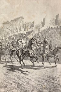 Stabschefer på väg in på paradplatsen, firande av kronprinsen av Tysklands (blivande Fredrik III) besök i Rom, Italien, gravyr från teckning av Quinto Cenni, från L