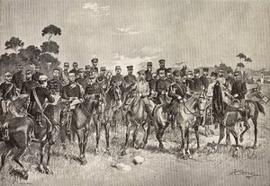 Utländska arméofficerare besöker italienska soldater i Lombardiet, Italien, gravering från en teckning av Quinto Cenni, från L