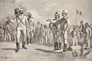 Italienska och lokala soldater, i uniformer från den italienska armén i Afrika, Massawa, Eritrea, gravyr från en teckning av Quinto Cenni, från L