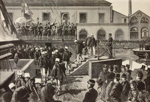 Italienska soldater går ombord på skeppet Washington, Neapel, Italien, tredje italienska expeditionen i Röda havet, gravyr från teckning av Quinto Cenni och skiss av M Del Don, från L
