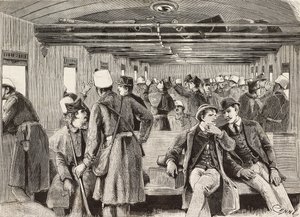 Italienska soldater på tåg på väg till Neapel, Italien, andra italienska expeditionen i Röda havet, gravyr från teckning av Quinto Cenni och skiss av M Dal Don, från L
