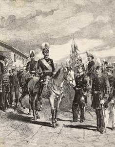 Japansk armé: Infanterisoldater, stabschefer, generalmajor, kavalleri, viceamiral, infanterikapten, skytt, Japan, gravyr från teckning av Quinto Cenni, från L
