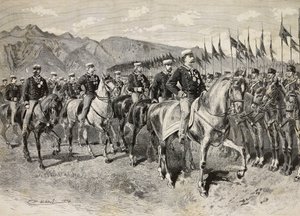 Kung Umberto I inspekterar Florens lanser, med general Martin di Montu bakom sig, 28 september, kavalleriövningar i Pordenone, Italien, gravyr från teckning av Quinto Cenni, från L