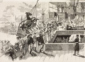 Mula lyfts upp på fartyget Principe Amedeo, italiensk expedition i Röda havet, Italien, gravyr efter en teckning av Quinto Cenni och en skiss av M Dal Don, från L