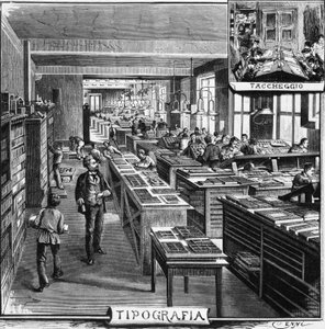 Treves bröders kontor, typografi och överlagring, Milano, Italien, illustration av Quinto Cenni (1845-1917) från L