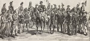 Piemontesiska armén 1859: infanterister, artillerister, ingenjörer, grenadjärer, officerare, generaler, spjutmän, kavallerister, gevärsskyttar, gravyr efter ritning av Quinto Cenni, från L