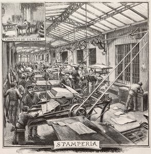 Tryckeri i Fratelli Treves förlag, Milano, Italien, gravyr från teckning av Quinto Cenni, från L