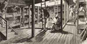 Soldater under däck i sovsal, fartyg Principe Amedeo, italiensk expedition i Röda havet, Italien, gravyr från teckning av Quinto Cenni och skiss av M Dal Don, från L