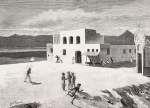 Den italienska postbyggnaden, Massawa, Eritrea, gravyr från en teckning av Quinto Cenni och en skiss av Pieragostini, från L