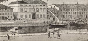 Rådhuset och hamnkanalen, Cesenatico, Italien, gravyr från en teckning av Quinto Cenni och en skiss av Ulisse Topi, från L