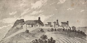 Staden San Giovanni i Galilea, Italien, gravyr från en teckning av Quinto Cenni och en skiss av Ulisse Topi, från L