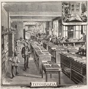 Typografi i Fratelli Treves förlag, Milano, Italien, gravyr från teckning av Quinto Cenni, från L