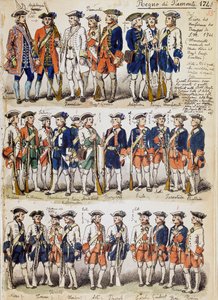 Uniformer av trupper från kungariket Piemonte 1744, plåt tagen från Cenni Codex, samling militärskisser tecknade av Quinto Cenni (1845-1917)