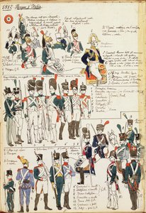 Olika uniformer från kungariket Italien från 1807. Färgskylt av Cenni Quinto av Quinto Cenni