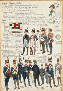 Olika uniformer från kungariket Italien från 1807. Färgskylt av Cenni Quinto av Quinto Cenni