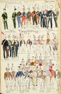 Olika uniformer från kungariket Neapel från 1814. Färgskylt av Cenni Quinto av Quinto Cenni