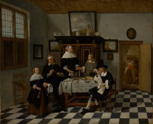 Familjegrupp i en interiör av Quiringh Gerritsz. van Brekelenkam