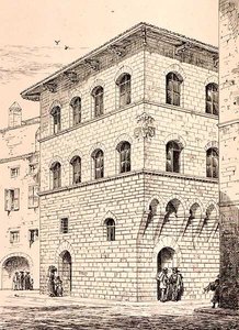1300-talets hus, Florens, Italien, från "Exempel på den kommunala, kommersiella och gatuarkitekturen i Italien och Frankrike från 1100- till 1400-talet", publ. av W.Mackenzie