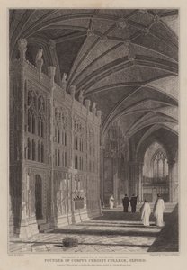 Biskop Foxes helgedom, grundare av Corpus Christi College, Oxford, i Winchester Cathedral (gravyr) av R. (after) Essex