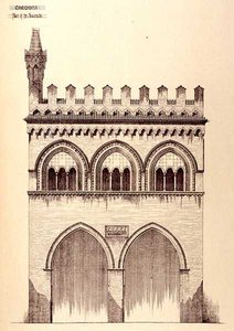 Juriskonsulternas palats, Cremona, Italien, byggt 1292, från "Examples of the Municipal, Commercial, and Street Architecture of France and Italy from the 12th to the 15th Century" (exempel på kommun-, handels- och gatuarkitektur i Frankrike och Italien frå av R. Anderson