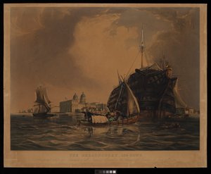 Dreadnought 104 kanoner, sjukhusfartyg för alla nationers sjömän, förtöjd i Themsen utanför Greenwich, 20 juni 1831 av R. W. Price