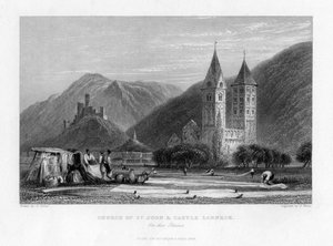 Johanneskyrkan och slottet Lahneck vid Rhen, 1838