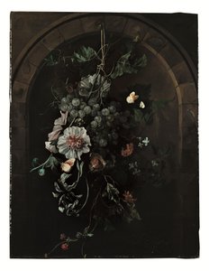 En svärm av vindruvor, stockrosor, iris, malva, afrikanska ringblommor, klematis, en hästkastanj och björnbär med fjärilar och andra insekter hängande framför en stenbåge av Rachel Ruysch