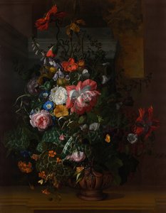 Rosor, konvolvulus, vallmo och andra blommor i en urna på en stenavsats av Rachel Ruysch
