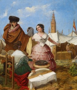 Uppvaktning vid en ringformad konditoribod på Sevillamässan - Benjumea, Rafael (ca 1825-c. 1887) - 1852 - Olja på duk - 35x30 - Museo Carmen Thyssen, Malaga av Rafael Benjumea