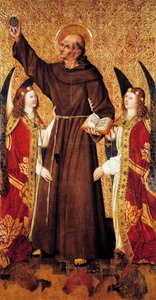 S:t Bernard och änglarna, mittpanel av St Bernards altartavla av Rafael Tomas (aktiv 1455-1479), predella av Joan Figuera (aktiv från 1454-död 1477 eller 1479), tempera på panel, 398, 9x253 cm av Rafael & Figuera Joan (active c.1454 1477) Tomas
