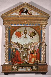 Altartavla med tillbedjan av det Heliga Sakramentet, i predella: Den sista måltiden, Sankt Sebastian och Sankt Roch av Raffaele De (fl.1514-1573) Pancalino