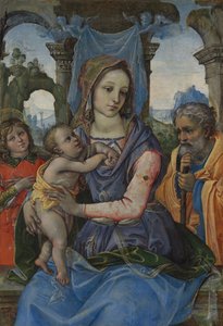 Madonna och barn med Saint Joseph och en ängel.