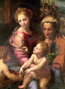 The Holy Family (eller The Pearl), detalj: Jungfrun, Saint Elizabeth and Child, ca 1518 (olja på trä)