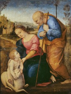 Den heliga familjen med ett lamm (olja på trä)