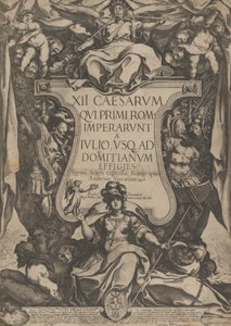 Frontispice med en trumpetare som låter trumpeter sittande ovanpå en kartusch flankerad av tr..., 1606.