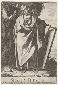 Plåt 9: den frygiska sibyllan som håller toppen av en tablett med vänster hand och pekar mot..., 1609.
