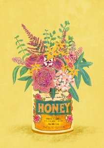 Blommor i en vintage-honungsburk