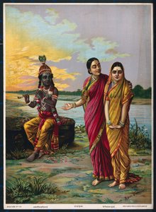 Krishna förklarar sin kärlek till Radha via en förtrogen, efter 1900 (färg litho)