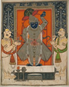Präster som dyrkar Krishna som Shrinathji för Mountain of Food-festivalen [Annakuta utsava]; helgedom hängande [pichhavai] av Rajasthan Kota school