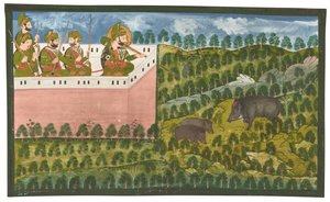 En målning av Maharana Jawan Singh (r.1821-38) som jagar vildsvin