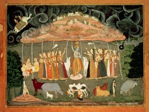 Krishna som stöder berget Govardhana B Ustad Sahibdin, Bikaner av Rajput School