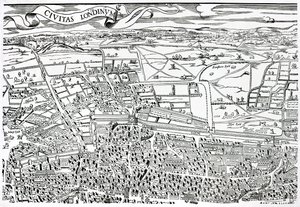 Detalj av London norr om staden från Civitas Londinium (träblocktryck)