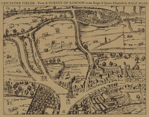 Leicester Fields, från en undersökning av London under drottning Elizabeths regeringstid av Ralph Agas