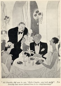 "Allt Dorothy gjorde var att säga, Hej Charlie, du ser hemsk ut."..., illustration från "But Gentlemen Marry Brunettes" av Anita Loos, publicerad 1928