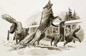 Passagerare i ett snöfyllt tåg kämpar mot svältande vargar (gouache på papper)